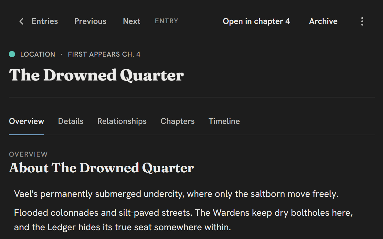 An Atlas entry for a location, with the chapter it first appears in recorded in its header.