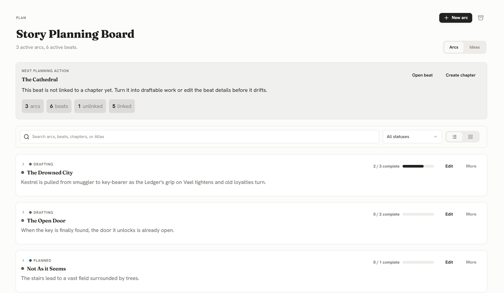 The Plan view as a list: three arcs with their drafting status and beat counts, and the next planning action surfaced at the top.